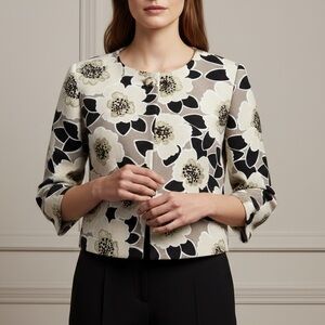 Graphic Floral Cropped Blazer 8 Luxury Mod Swing Jacket Old Money Classic Beauty